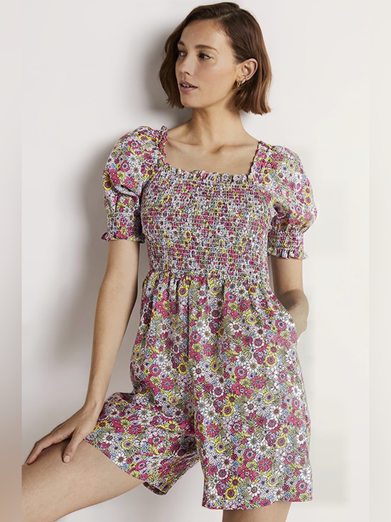 Boden Pants - Boden 100% Pink Multi Floral Smocked Puff-Sleeve Romper